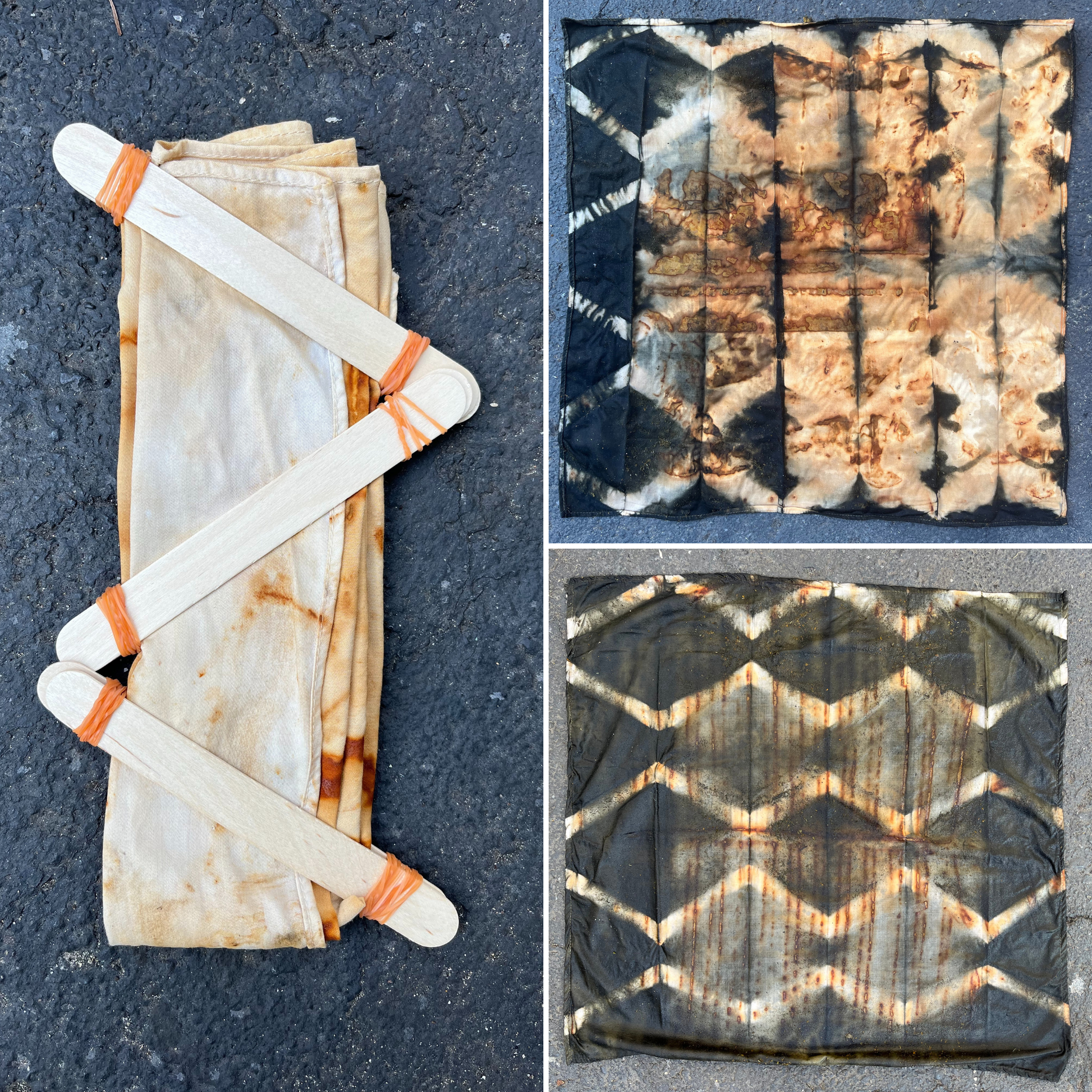 Fabric tied with tongue depressors using resist techniques to create surface designs, shown with two photos of the resulting patterns after dyeing with natural plant dyes. Unique lines, shapes, and organic textures are revealed.