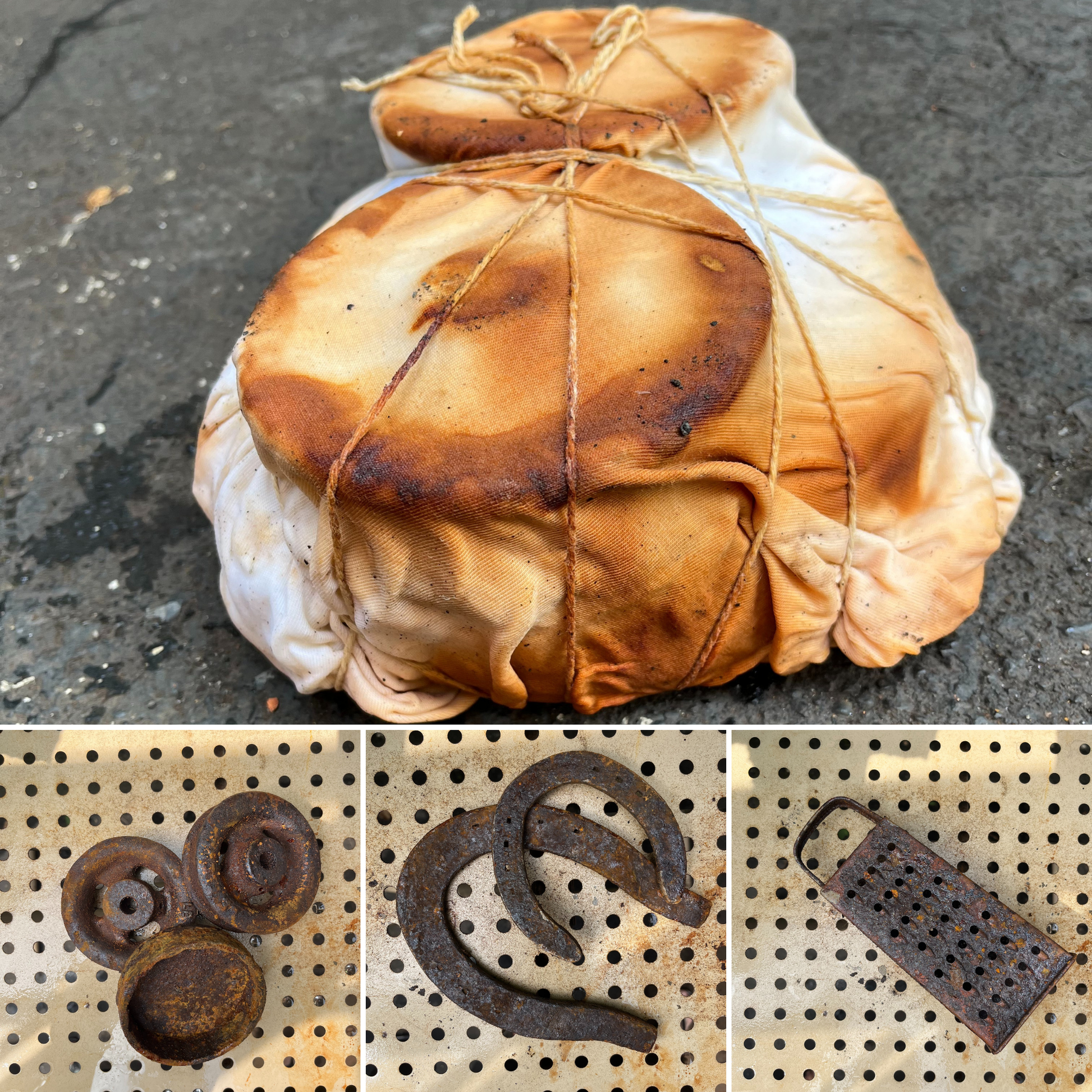 Three rusted metal objects easily found ideal for rust printing on fabric, shown next to white cloth actively undergoing the rust dyeing process. Perfect for showcasing natural textile surface design techniques.