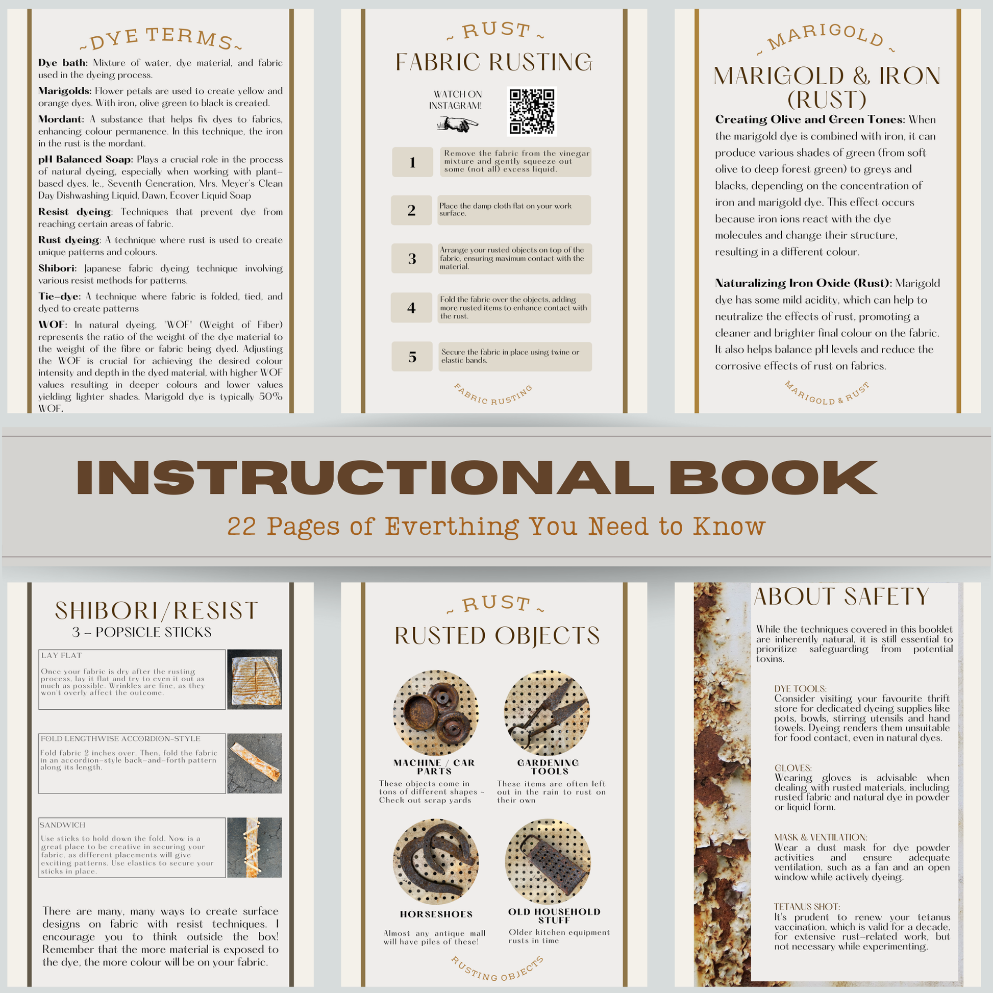 Six-page preview of the 22-page instructional booklet included with the natural dye textile kit. Features step-by-step guidance, tips, and visuals for learning natural dye and rust printing techniques—perfect for beginners and fibre artists