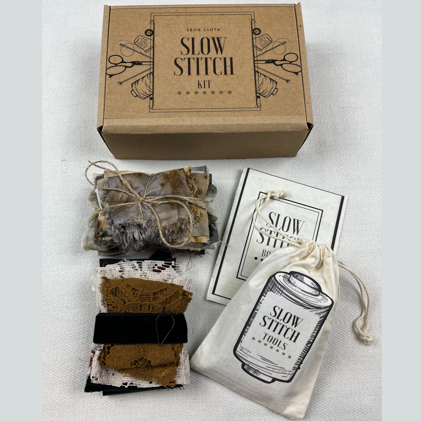 Slow Stitch Sewing Kit. Fabric bundles, slow stitch tools, slow stitch booklet.