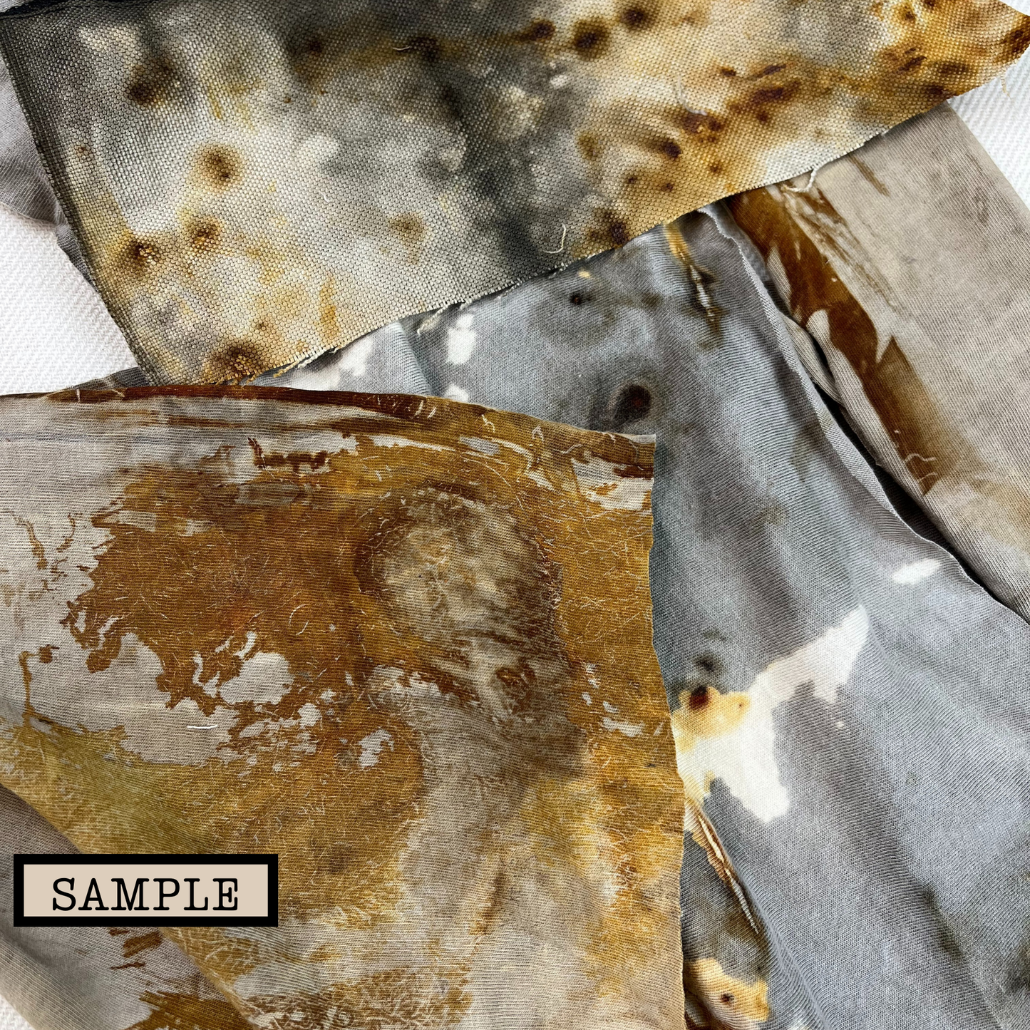 fabric scrap bundle. Natural Dye, Rust Printed