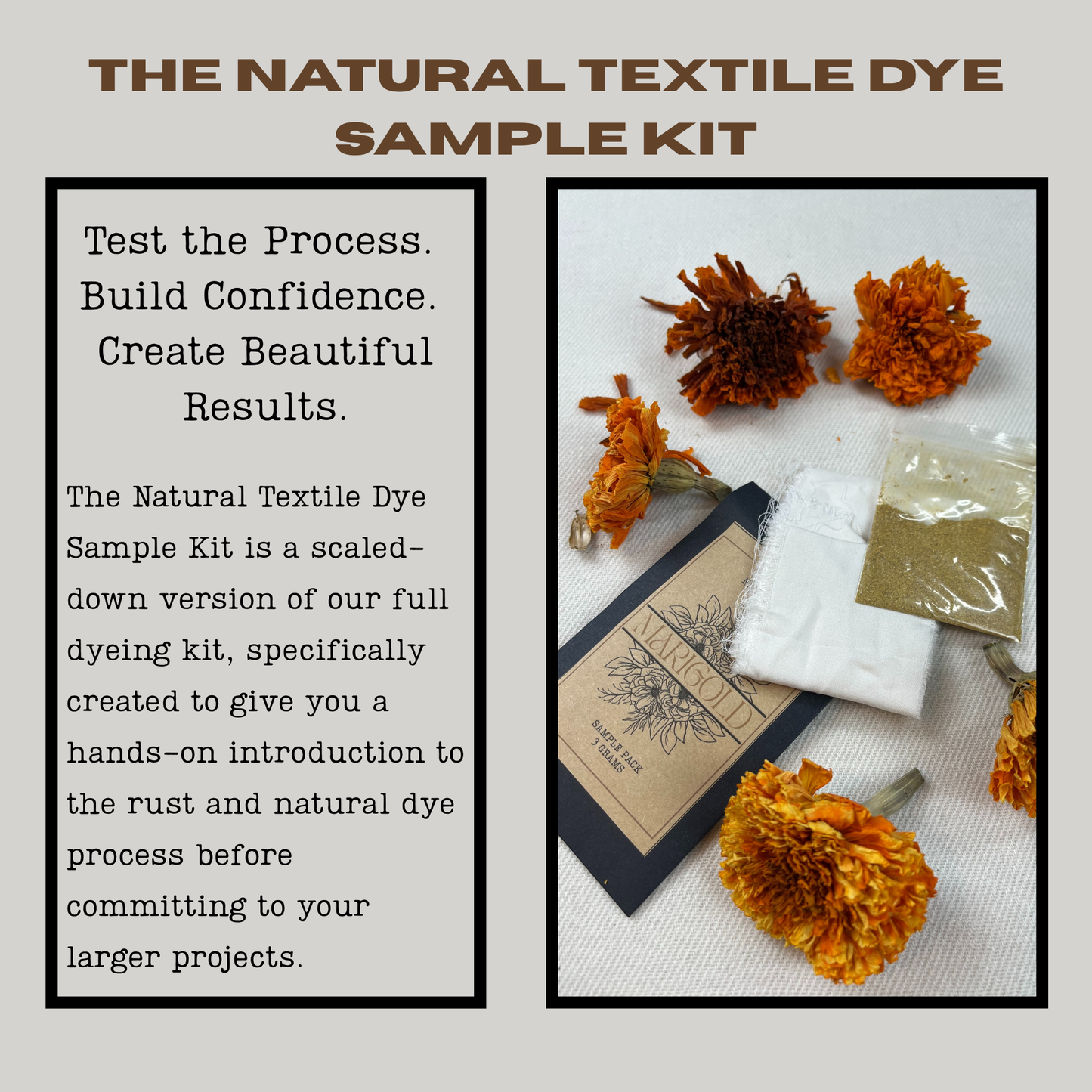 Natural textile dye sample kit inside full dye kit, featuring marigold dye, pre-treated fabric swatch, and printed instructions. Designed as an intro to rust and natural dyeing—test the process, build confidence, and create beautiful results